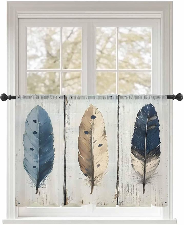 Sheer Curtains 54 Inch Length, Farmhouse Feather Semi Sheer Curtains Light Filtering Window Treatment, Watercolor Vintage Wooden Grain Privacy Voile Drapes for Living Room Bedroom 52x54 Inch