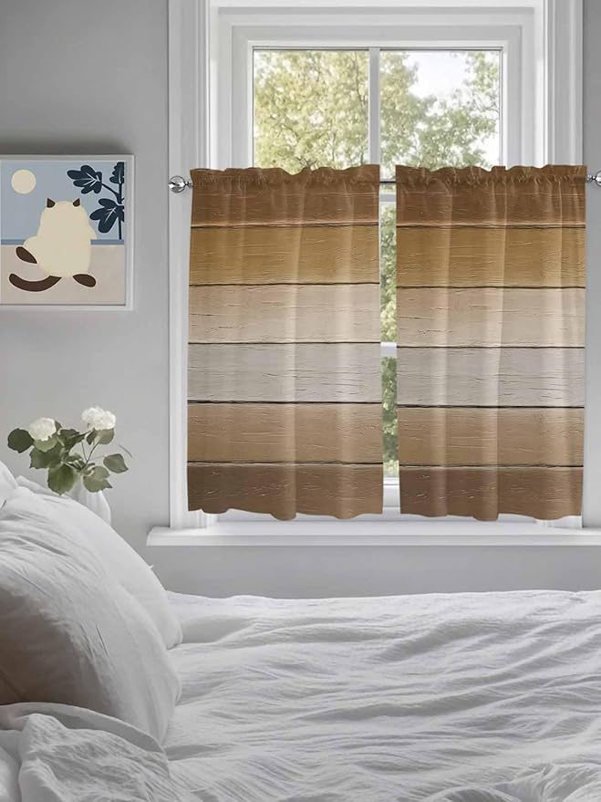Vintage Brown Gradient Wood Grain Window Valance Curtains, Farmhouse Wood Barn Light Filtering Kitchen Valance with 3-inch Rod Pocket for Living Room Bathroom Bedroom,2 Panel,27.5x45In