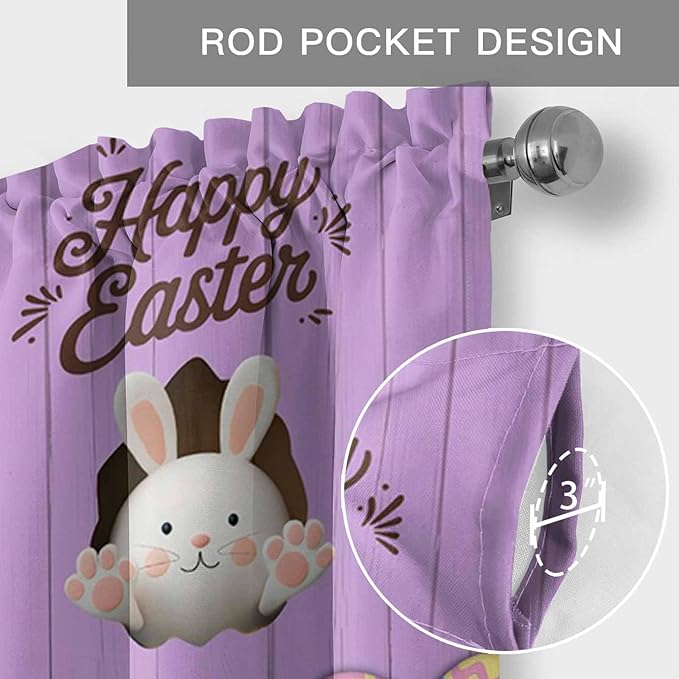 Purple Easter Curtain Valances for Windows, Kitchen Valance Window Treatment, Spring Cartoon Bunny Colorful Eggs Wood Grain Light Filtering Block Curtains for Bathroom/Bedroom/Living Room 42'' x 18''