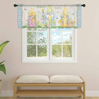 Easter Sheer Valances for Windows 42"x18", Light Filtering Kitchen Curtains Valance, Gnomes Colorful Eggs Butterfly Flowers Blue Check Rod Pocket Chiffon Curtains for Living Room Bedroom Cafe