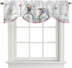 Spring Tie Up Valance Curtains for Windows, Kitchen Curtains Window Shades, Bicycles Botanical Rose Leaves Butterfly Wood Grain Light Filtering Roman Curtain Valances for Bedroom/Bathroom/Cafe 42"x18"