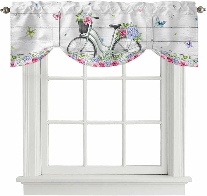 Spring Tie Up Valance Curtains for Windows, Kitchen Curtains Window Shades, Bicycles Botanical Rose Leaves Butterfly Wood Grain Light Filtering Roman Curtain Valances for Bedroom/Bathroom/Cafe 42"x12"