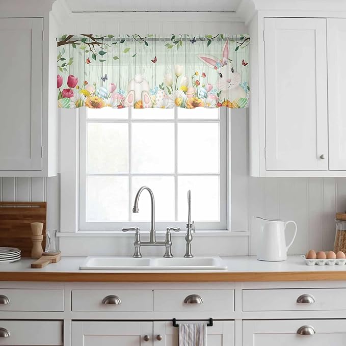 Easter Sheer Valances for Windows 42"x12", Light Filtering Kitchen Curtains Valance, Spring Watercolor Bunny Eggs Tulip Wooden Grain Teal Rod Pocket Chiffon Curtains for Living Room Bedroom Cafe