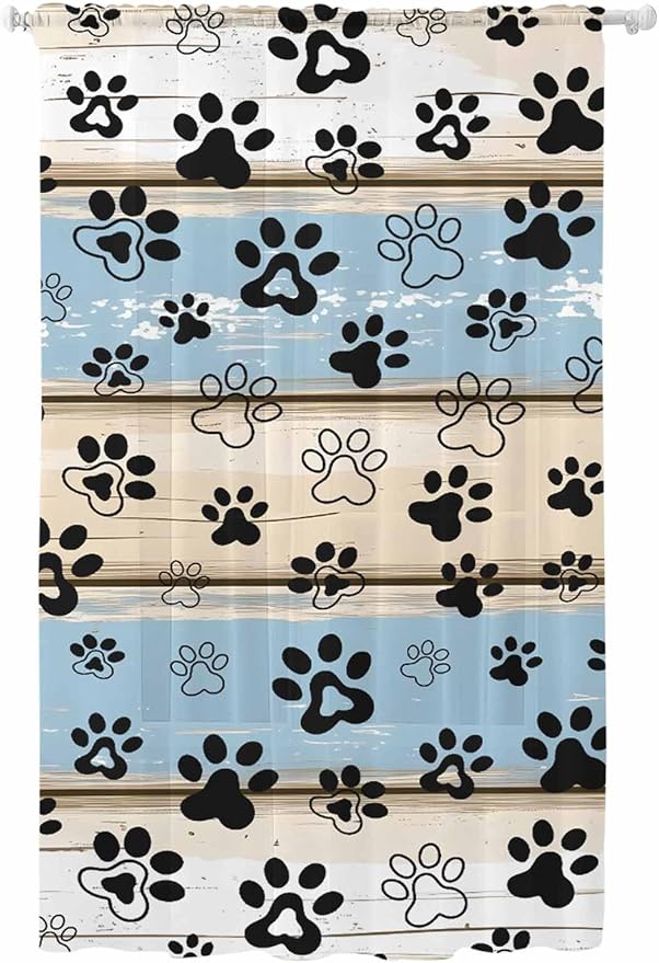 Sheer Curtains 96 Inches Long, Blue Beige Paw Print Semi Sheer Curtains Light Filtering Window Treatment, Vintage Farmhouse Rustic Wooden Grain Privacy Voile Drapes for Living Room Bedroom 52x96 Inch