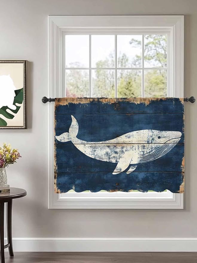 Sheer Curtains 45 Inch Length, Ocean Whale Blue Semi Sheer Curtains Light Filtering Window Treatment, Summer Sea Vintage Wooden Grain Privacy Voile Drapes for Living Room Bedroom 52x45 Inch