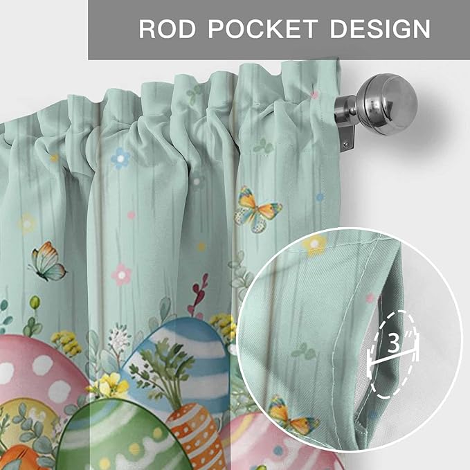 Easter Curtain Valances for Windows, Kitchen Valance Window Treatment, Spring Rabbit Ear Eggs Floral Green Wooden Grain Light Filtering Block Curtains for Bathroom/Bedroom/Living Room 60'' x 18''