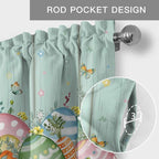 Easter Curtain Valances for Windows, Kitchen Valance Window Treatment, Spring Rabbit Ear Eggs Floral Green Wooden Grain Light Filtering Block Curtains for Bathroom/Bedroom/Living Room 42'' x 12''