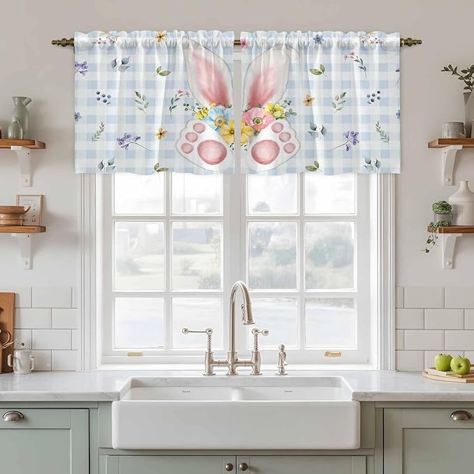 Easter Kitchen Tier Curtains 24 Inch Long 2 Panel Set,Rod Pocket Cafe Small Window Curtains Over Sink,Spring Rabbits Ears Feet Floral Blue Lattice Light Filtering Short Drapes 27.5"W x 24"L
