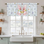 Easter Kitchen Tier Curtains 36 Inch Long 2 Panel Set,Rod Pocket Half Window Curtains Over Sink,Spring Rabbits Ears Feet Floral Blue Lattice Light Filtering Short Drapes Cafe 27.5"W x 36"L