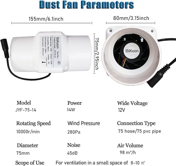 3 Inch Inline Duct Fan 53 Cfm Extractor Fan 12V Plastic Blower Air Exhaust Diffuser Fans for Carbon Filter Vents Grow Tents Basements (Color : NO Adjustable Speed, Size : 14w)