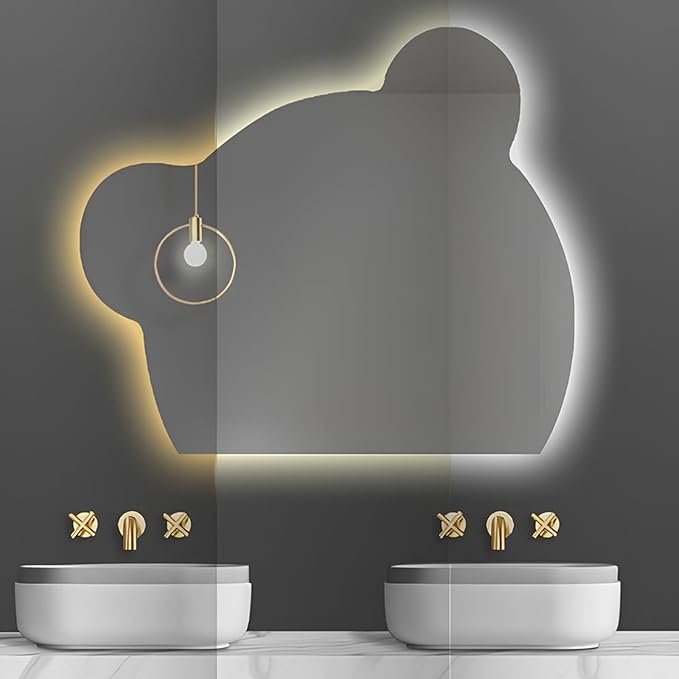 LTSRLL LED Vanity Mirror Cute Bear Decorative Mirror for Bathroom & Dressing Tabler Backlight Wall Mirror with 3 Color Dimmable Light Demister Pad Human Body Sensor Switch(Cut Left,80cmx95cm)