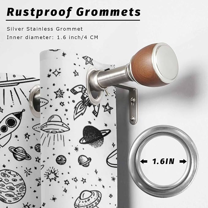 Cartoon Space Outdoor Curtains for Patio Rockets Astronauts Planets Black Waterproof Outside Curtains with Grommet Top Weatherproof Curtain for Cabana Pergola Gazebo, 1 Panel, 54" W x 108" L