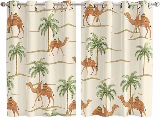 2 Panel Kitchen Cafe Curtains, Date Coconut Tree Sunlight Filtering Nature Air Through, Home Decor Window Covering Tier Curtains for Living Room 104W x 63L inch Desert Camels Botanical Tropical Beige