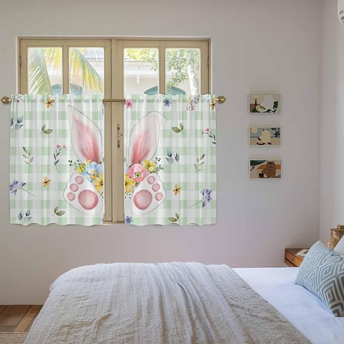Easter Kitchen Curtains 54 Inch Long 2 Panel Set, Rod Pocket Window Curtains Panels, Spring Bunny Ears Feet Flowers Green Plaid Light Filtering Drapery Draperies for Bathroom Bedroom 52"W x 54"L