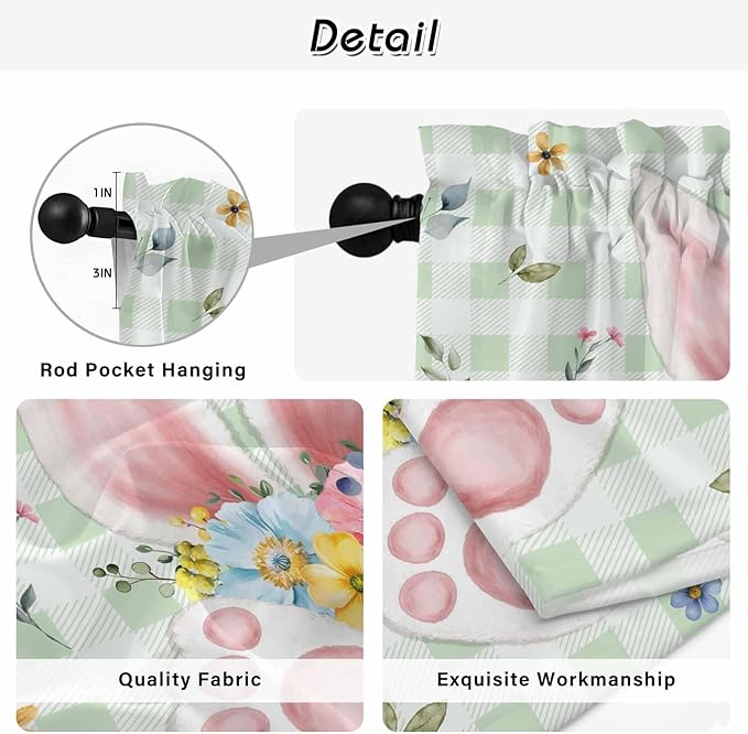 Easter Kitchen Tier Curtains 36 Inch Long 2 Panel Set,Rod Pocket Half Window Curtains Over Sink,Spring Bunny Ears Feet Flowers Green Plaid Light Filtering Short Drapes for Bathroom Cafe 27.5"W x 36"L