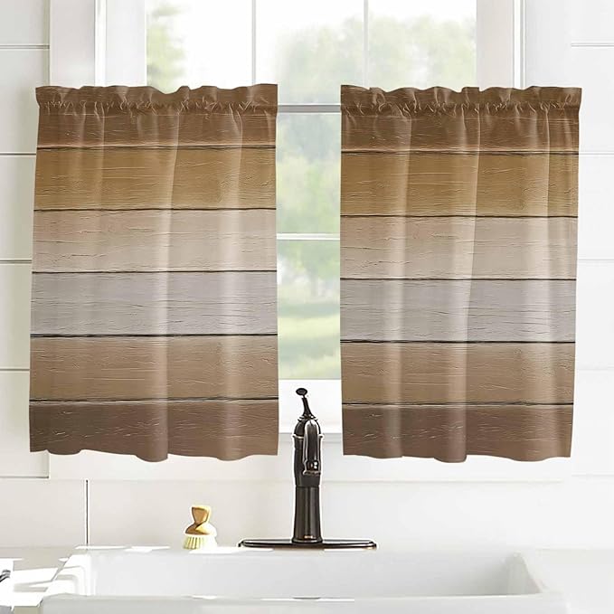 Vintage Brown Gradient Wood Grain Window Valance Curtains, Farmhouse Wood Barn Light Filtering Kitchen Valance with 3-inch Rod Pocket for Living Room Bathroom Bedroom,2 Panel,27.5x45In