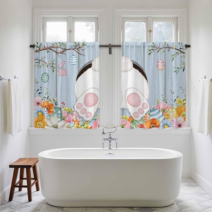 Easter Kitchen Curtains 54 Inch Long 2 Panel Set,Rod Pocket Window Curtains Panels,Spring Watercolor Bunny Eggs Flower Wood Grain Blue Light Filtering Drapery Draperies for Bathroom 52"W x 54"L