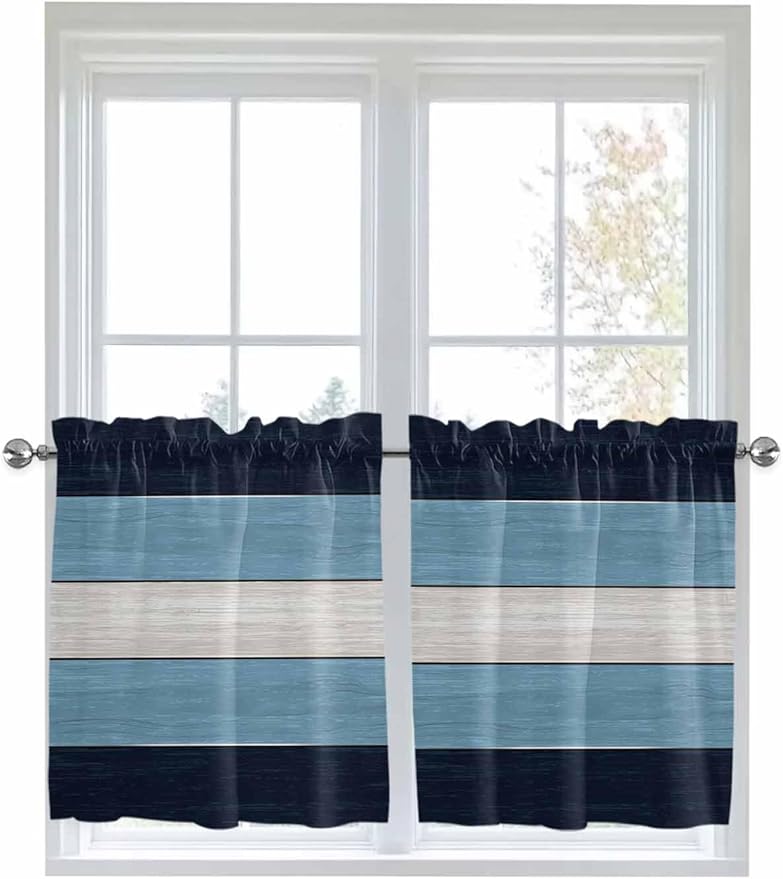 Vintage Country Woodcuts Window Valance Curtains, Blue Gradient Striped Light Filtering Kitchen Valance with 3-inch Rod Pocket for Living Room Bathroom Bedroom,2 Panel,27.5x24In