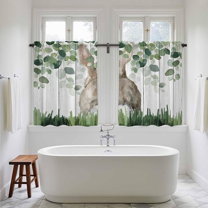 Easter Kitchen Curtains, Country Rabbit Botanical Leaves Wooden Grain Light Filtering Window Curtain Panels, 2Pcs Rod Pocket Window Treatments Set for Cabin Bathroom Bedroom 52x45 Inches