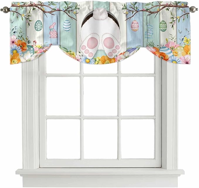 Easter Tie Up Valance Curtains for Windows, Kitchen Curtains Window Shades, Spring Watercolor Bunny Eggs Wood Grain Teal Blue Light Filtering Roman Curtain Valances for Bedroom/Bathroom/Cafe 54"x18"