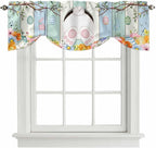 Easter Tie Up Valance Curtains for Windows, Kitchen Curtains Window Shades, Spring Watercolor Bunny Eggs Wood Grain Teal Blue Light Filtering Roman Curtain Valances for Bedroom/Bathroom/Cafe 42"x12"