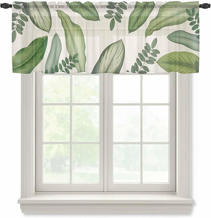 Summer Palm Leaf Sheer Valance Curtains, Green Tropical Plants Nature Leaves Linen Light Filtering Kitchen Valances Rod Pocket Voile Curtain Window Treatment for Bedroom/Living Room/Basement 42Wx18L