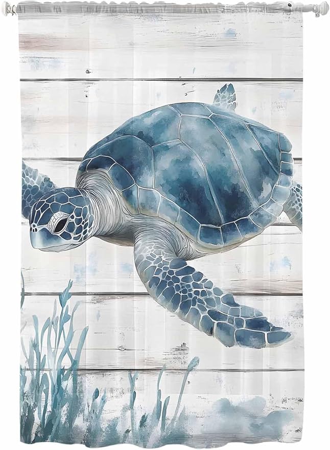 Sheer Curtains 72 Inches Long, Ocean Sea Turtle Semi Sheer Curtains Light Filtering Window Treatment, Coastal Seaweed Vintage Wood Grain Privacy Voile Drapes for Living Room Bedroom 52x72 Inch