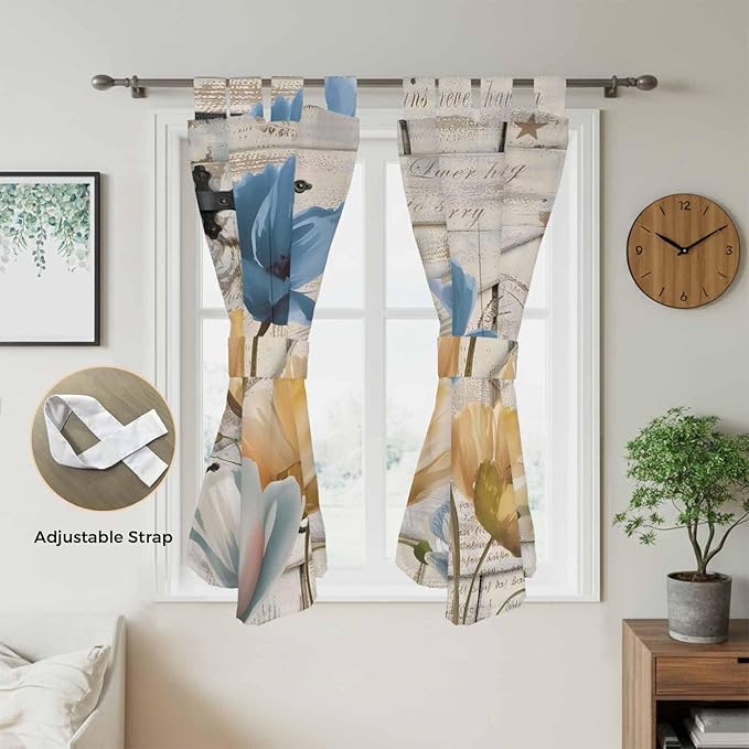 Blue Yellow Tulips Bathroom Curtains 63 Inch Length, Window Curtains Tab Top, Retro Farmhouse Flower Barn Doors Wooden Light Filtering Window Treatments Drapes 52"x63" 2 Panel