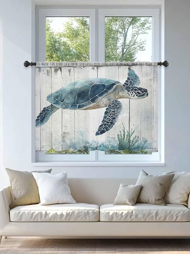 Sheer Curtains 45 Inch Length, Sea Turtle Teal Blue Semi Sheer Curtains Light Filtering Window Treatment, Summer Coastal Ocean Wood Grain Privacy Voile Drapes for Living Room Bedroom 52x45 Inch