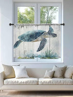 Sheer Curtains 45 Inch Length, Sea Turtle Teal Blue Semi Sheer Curtains Light Filtering Window Treatment, Summer Coastal Ocean Wood Grain Privacy Voile Drapes for Living Room Bedroom 52x45 Inch