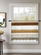 Sheer Curtains 45 Inch Length, Brown Wood Grain Semi Sheer Curtains Light Filtering Window Treatment, Vintage Country Geometric Striped Privacy Voile Drapes for Living Room Bedroom 52x45 Inch