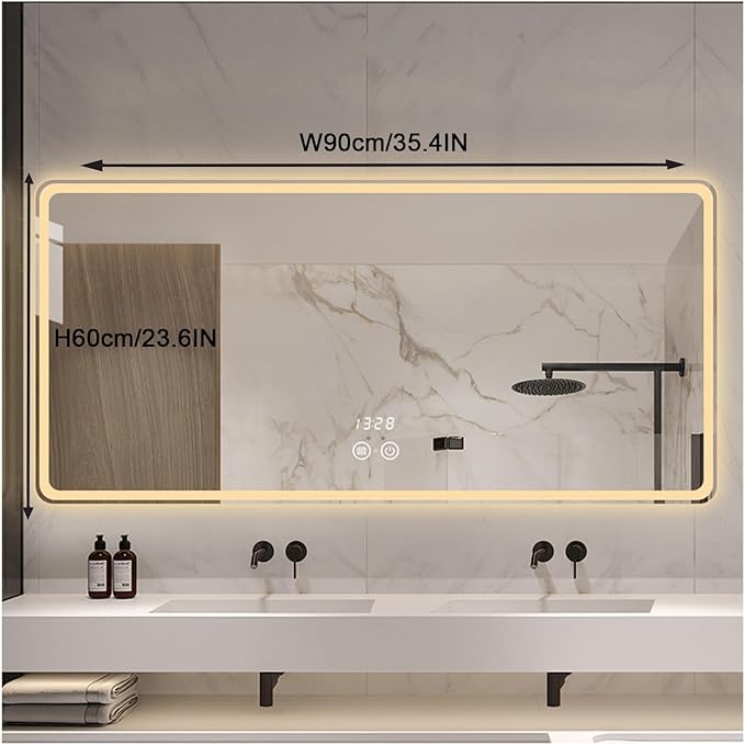 Smart Lighted Bathroom Mirror for Wall，Bathroom Mirror with LED Lights，Energy-Saving LED Smart Mirrors，LED Mirror for Bathroom，with Demister Pad and Smart Touch Switch(H60*W90cm/H23.6*W35.4IN)
