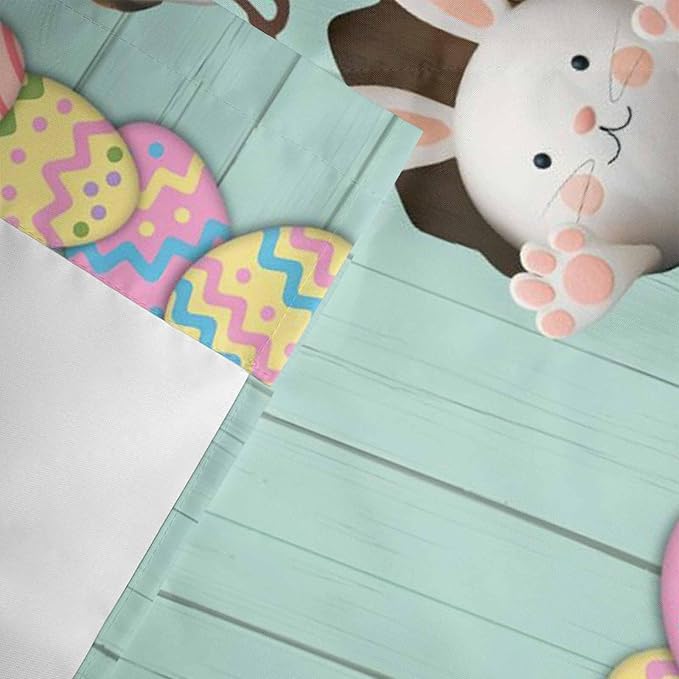 Green Easter Curtain Valances for Windows, Kitchen Valance Window Treatment, Spring Cartoon Bunny Colorful Eggs Wood Grain Light Filtering Block Curtains for Bathroom/Bedroom/Living Room 60'' x 18''