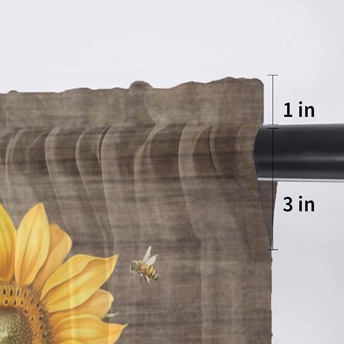 Summer Sunflower Sheer Valance Curtains, Yellow Floral Plants Bees Brown Wood Grain Light Filtering Kitchen Valances Rod Pocket Voile Curtain Window Treatment for Bedroom/Living Room/Basement 42Wx18L
