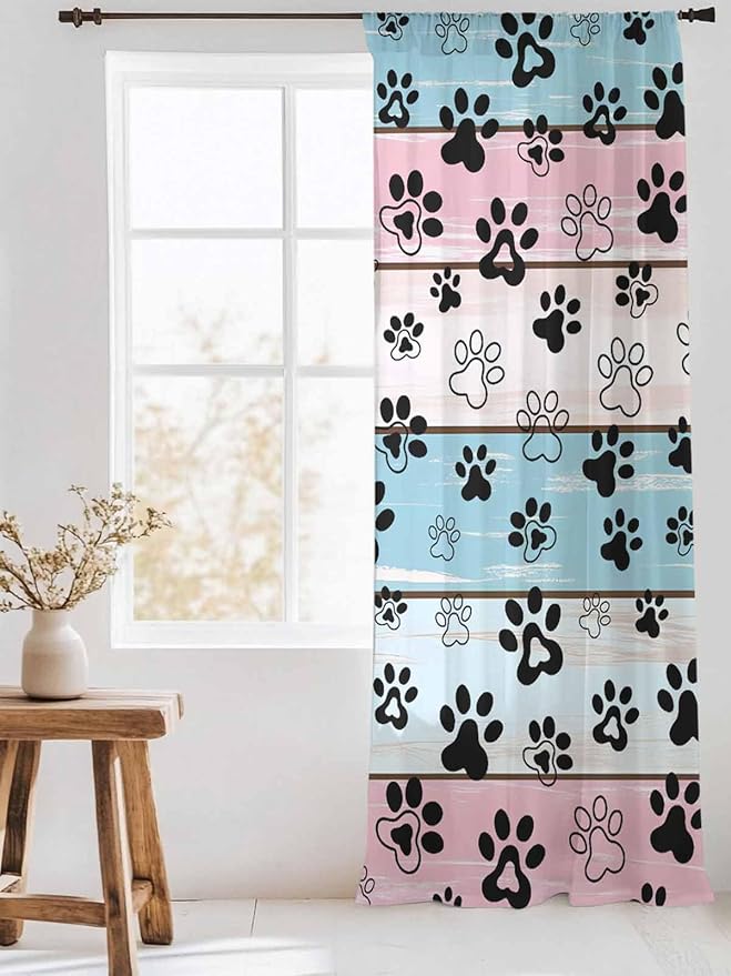 Sheer Curtains 96 Inches Long, Blue Pink Dog Paws Prints Semi Sheer Curtains Light Filtering Window Treatment, Farmhouse Beige Wood Privacy Voile Drapes for Living Room Bedroom 52x96 Inch