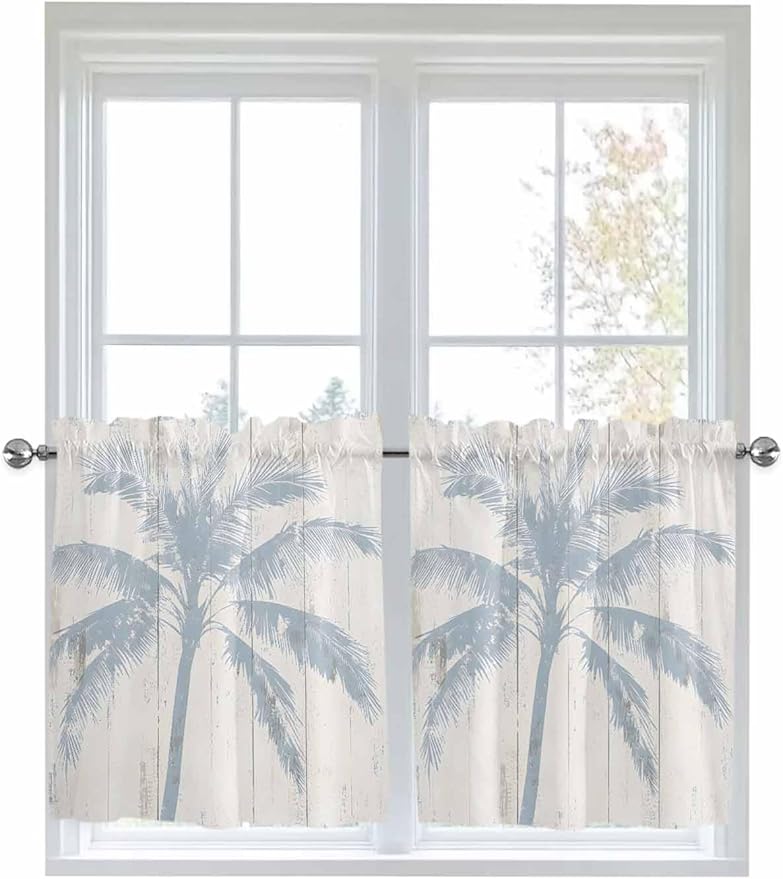 Summer Coconut Tree on Vintage Wood Grain Window Valance Curtains, Seaside Plants Light Filtering Kitchen Valance with 3-inch Rod Pocket for Living Room Bathroom Bedroom,2 Panel,27.5x24In