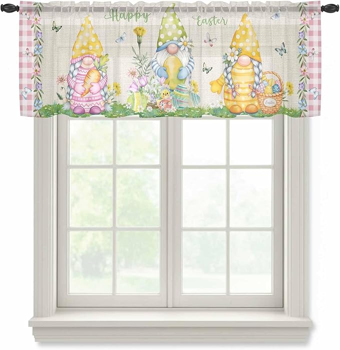 Easter Sheer Valances for Windows 60"x18", Light Filtering Kitchen Curtains Valance, Country Gnomes Duck Floral Eggs Pink Buffalo Check Rod Pocket Chiffon Curtains for Living Room Bedroom Cafe