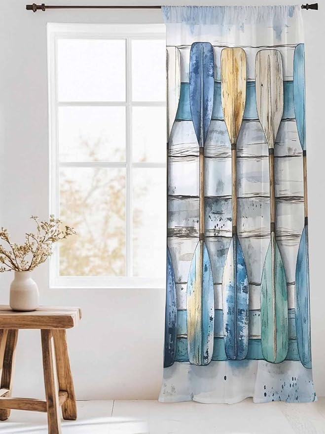 Sheer Curtains 96 Inches Long, Lake Paddle Striped Semi Sheer Curtains Light Filtering Window Treatment, Watercolor Vintage Wood Grain Privacy Voile Drapes for Living Room Bedroom 52x96 Inch