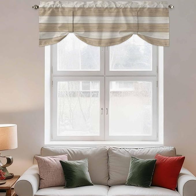 Brown Ombre Wooden Tie Up Valance Curtains for Windows, Kitchen Curtains Window Shades, Farmhouse Retro Khaki Wood Light Filtering Roman Curtain Valances for Bedroom/Bathroom/Cafe 42"x18"