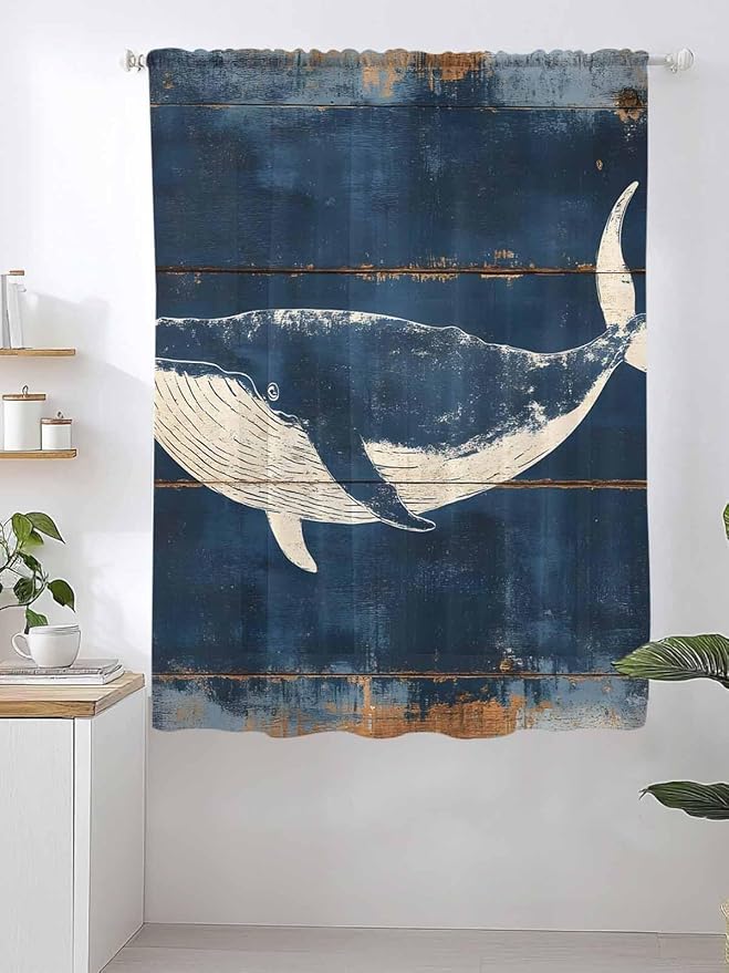 Sheer Curtains 72 Inches Long, Summer Whale Blue Semi Sheer Curtains Light Filtering Window Treatment, Coastal Ocean Vintage Wooden Grain Privacy Voile Drapes for Living Room Bedroom 52x72 Inch