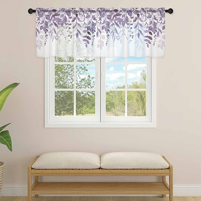 Eucalyptus Leaves Sheer Valance Curtains, Purple Leaves Idyllic Winds Farmhouses Light Filtering Kitchen Valances Rod Pocket Voile Curtain Window Treatment for Bedroom/Living Room/Basement 60Wx18L