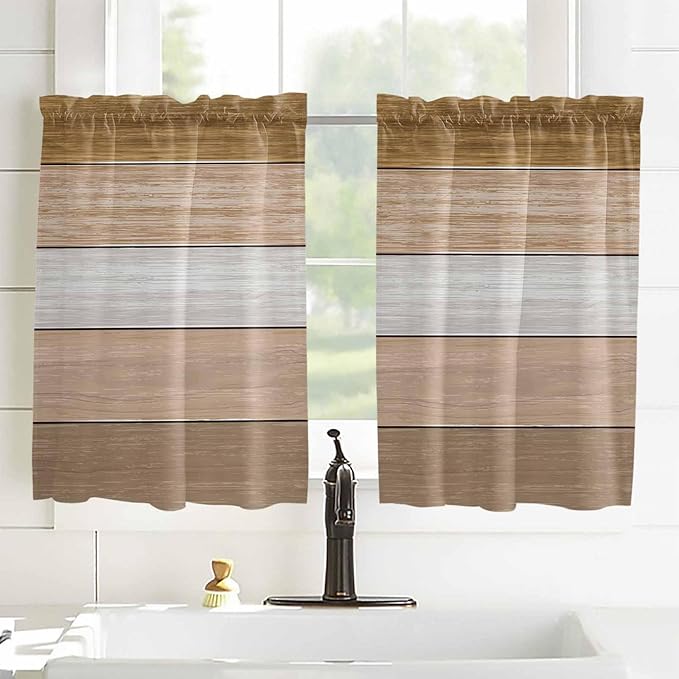 Retro Farm Wood Board Window Valance Curtains, Brown Graduality Striped Light Filtering Kitchen Valance with 3-inch Rod Pocket for Living Room Bathroom Bedroom,2 Panel,42x54In