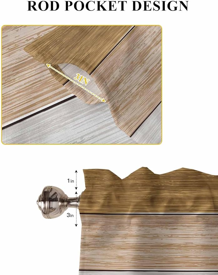 Retro Farm Wood Board Window Valance Curtains, Brown Graduality Striped Light Filtering Kitchen Valance with 3-inch Rod Pocket for Living Room Bathroom Bedroom,2 Panel,42x45In