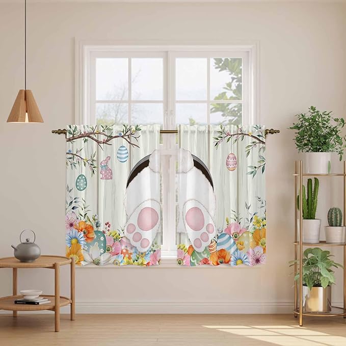 Easter Kitchen Curtains 54 Inch Long 2 Panel Set,Rod Pocket Window Curtains Panels,Spring Farmhouse Watercolor Bunny Eggs Wood Grain Light Filtering Drapery Draperies for Bathroom Bedroom 52"W x 54"L