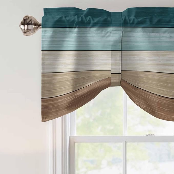 Teal Brown Tie Up Valance Curtains for Windows, Kitchen Curtains Window Shades, Farmhouse Vintage Abstract Wooden Grain Light Filtering Roman Curtain Valances for Bedroom/Bathroom/Cafe 42"x12"