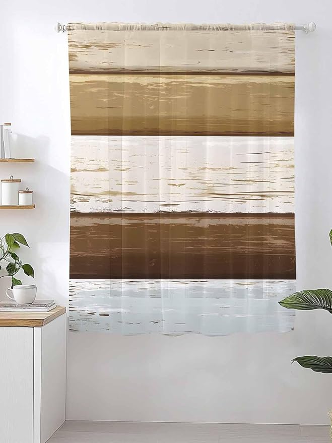 Sheer Curtains 72 Inches Long, Wood Grain Brown Semi Sheer Curtains Light Filtering Window Treatment, Farmhouse Vintage Country Geometric Privacy Voile Drapes for Living Room Bedroom 52x72 Inch