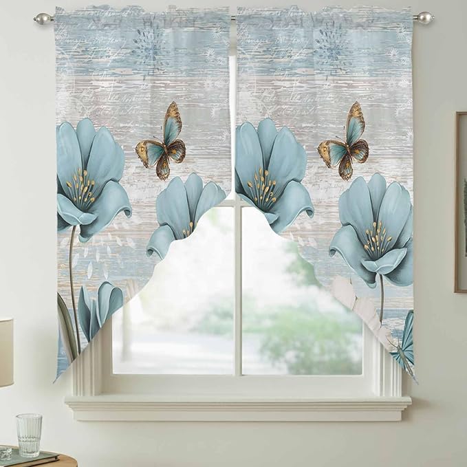 Spring Floral Swag Valances for Windows, Vintage Tulips Flower Butterfly Retro Wood Blue Rod Pocket Kitchen Curtains Valance, Small Window Curtains Swag for Cafe Living Room, 2 Panels, 28x36 inch