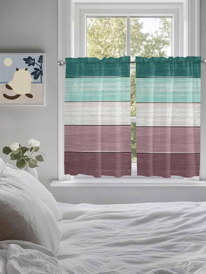 Retro Farm Woodcuts Texture Window Valance Curtains, Green Brown Gradient Light Filtering Kitchen Valance with 3-inch Rod Pocket for Living Room Bathroom Bedroom,2 Panel,52x45In