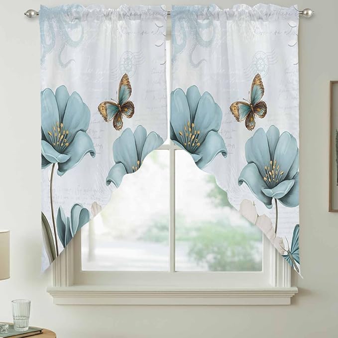 Blue Tulips Swag Valances for Windows, Watercolor Flowers Butterfly Spring Farmhouse Blue Rod Pocket Kitchen Curtains Valance, Small Window Curtains Swag for Cafe Living Room, 2 Panels, 28x36 inch