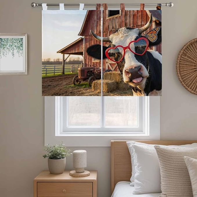 Farm Cows Bedroom Curtains 63 Inch Length, Window Curtains Tab Top, Farmhouse Barn Funny Animals Butterfly Light Filtering Window Treatments Drapes 42"x63" 2 Panel